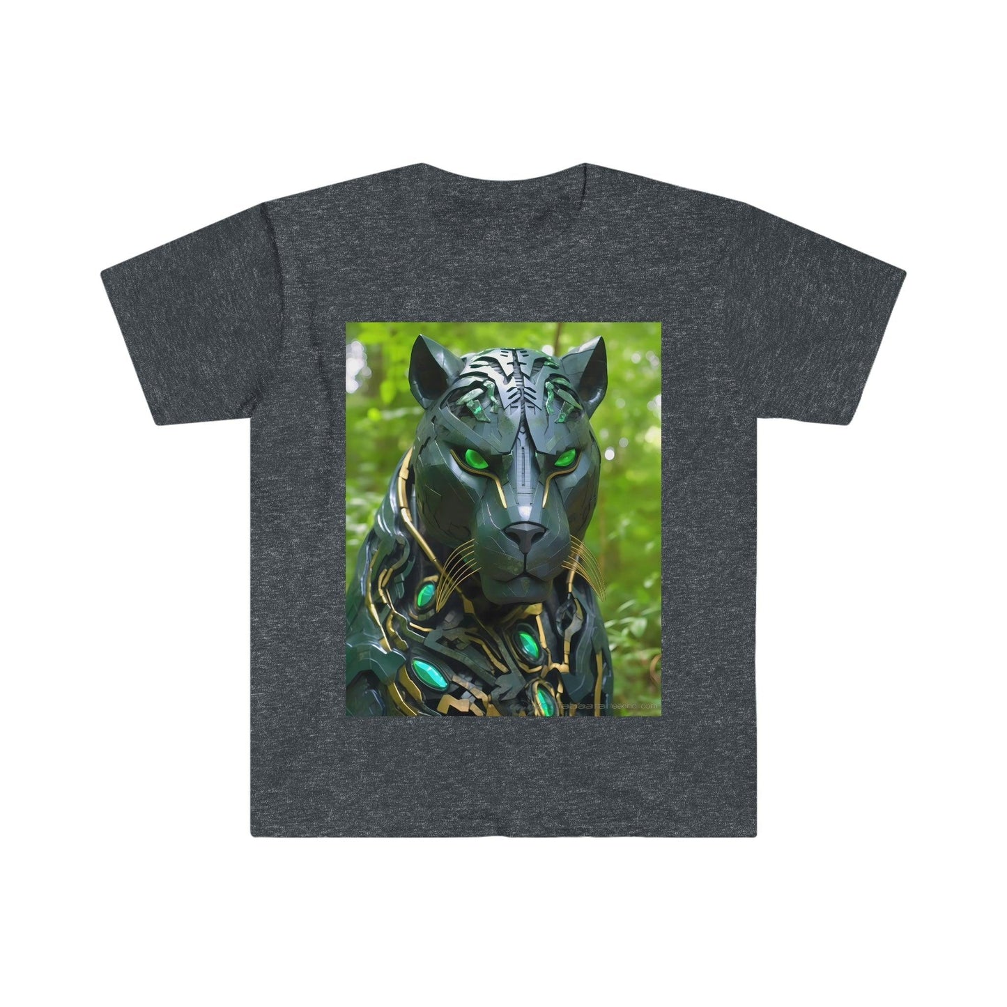 Obsidian Black Panther Visionary Cyberpunk T-Shirt - Fierce and Friendly Design with Piercing Green Eyes - AI Art T-Shirt - Men's and Women's Unisex Shirt - v1.0 - Alchemystics.org