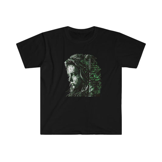 Beautiful Digital Woman Ansi / Ascii Retro Futuristic AI Art T-Shirt - Men's and Women's Unisex Shirt - v1.0 - Alchemystics.org