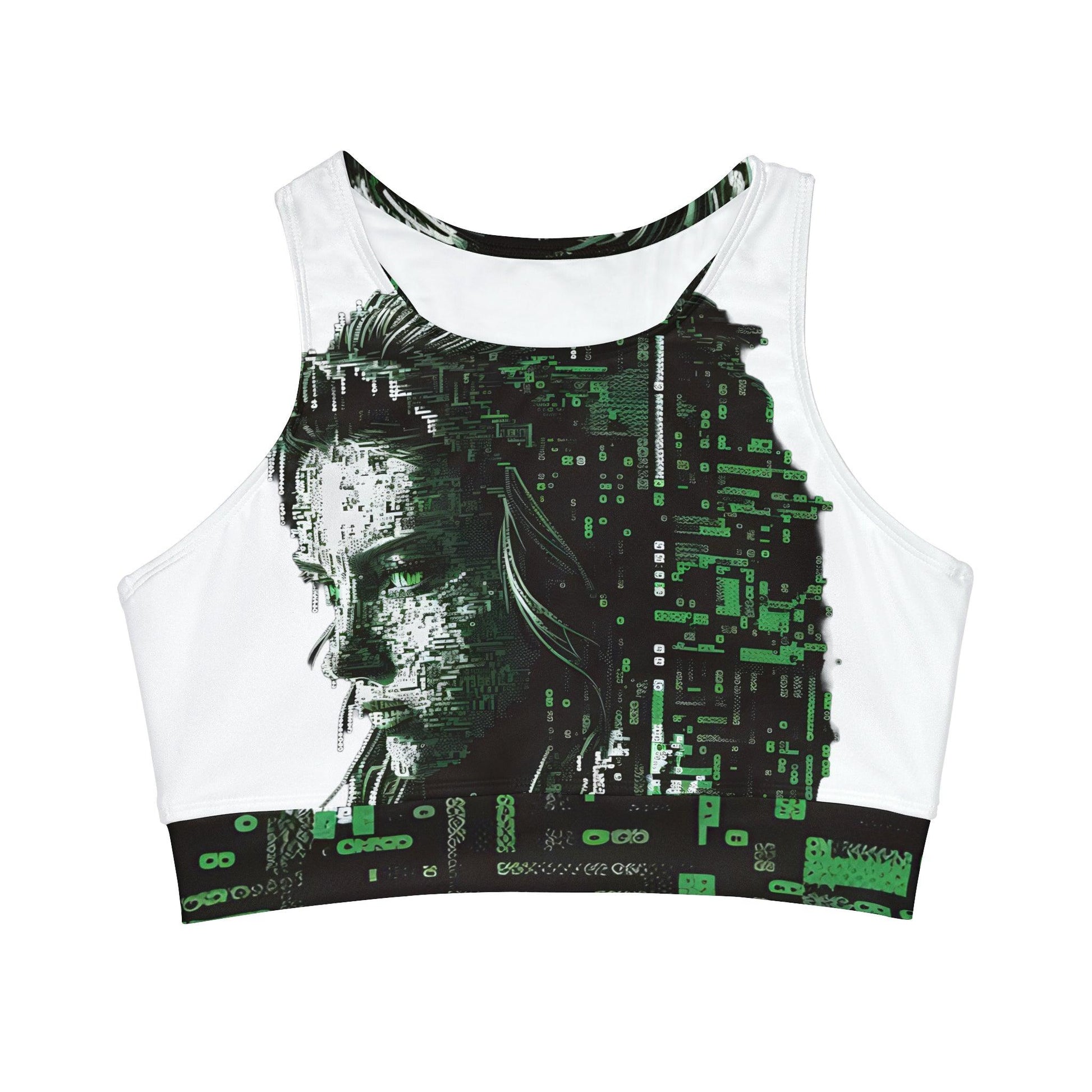 Fierce Digital Green Eyed Beautiful Woman in the style of Ansi / Ascii Art - For Her High Neck Crop Top Sublimation All Over Print (AOP) - Alchemystics.org