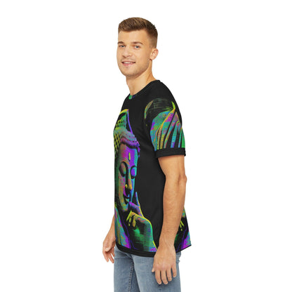 Meta Zen Music Buddha Subtle Smile Sublimation Men's / Unisex Polyester Digital AI Art T- Shirt (AOP) for Street or Festival Wear - Alchemystics.org