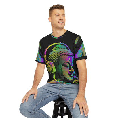 Meta Zen Music Buddha Subtle Smile Sublimation Men's / Unisex Polyester Digital AI Art T- Shirt (AOP) for Street or Festival Wear - Alchemystics.org