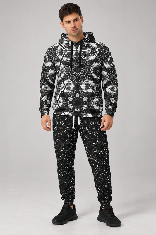 Styled model mockup wearing the Sacred Geometry Hexagonal hoodie with matching joggers; hoodie sold separately
