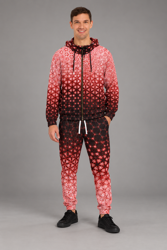 Styled mockup: Sacred Geometry Scatter zip hoodie worn with coordinating red joggers. This listing is for the hoodie only.