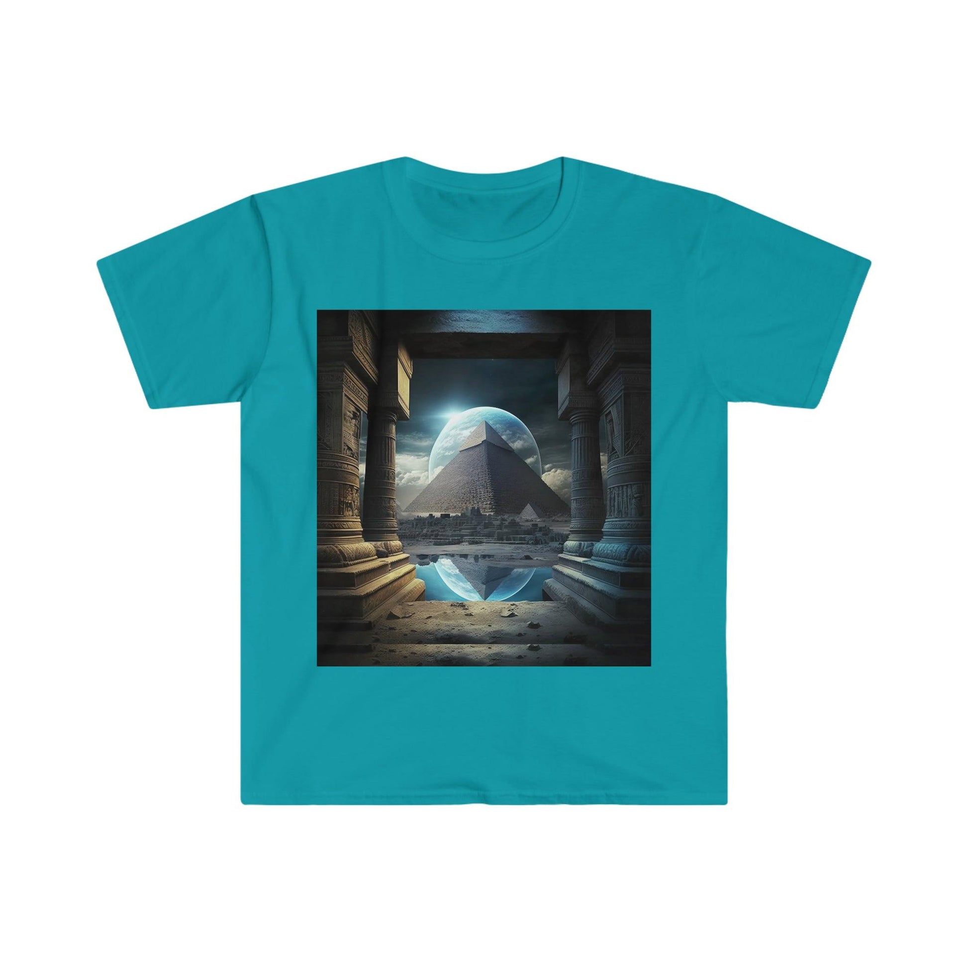 Mystic Eclipse: Egyptian Pyramid AI Art T-shirt -Men's and Women's Unisex Softstyle Shirt - Festival Urban Street Wear v2.0 - Alchemystics.org