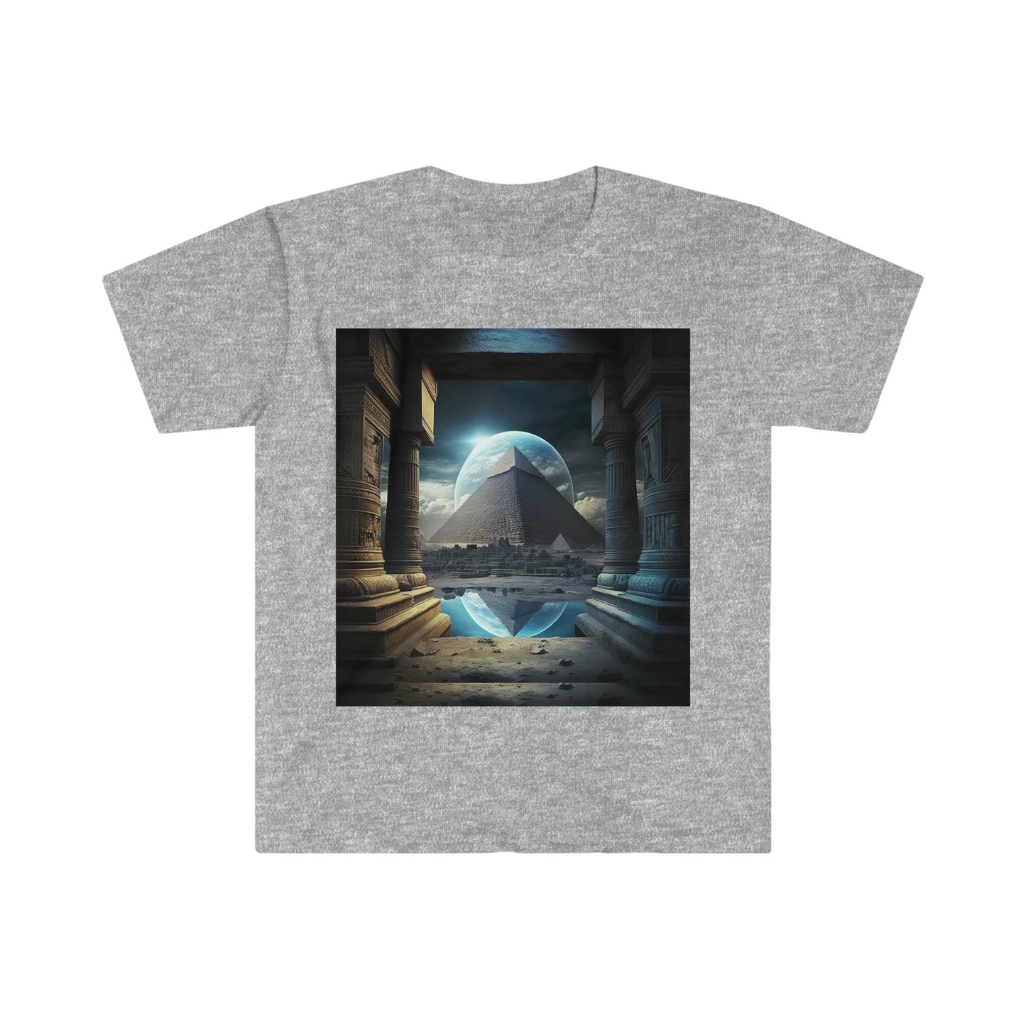 Mystic Eclipse: Egyptian Pyramid AI Art T-shirt -Men's and Women's Unisex Softstyle Shirt - Festival Urban Street Wear v2.0 - Alchemystics.org