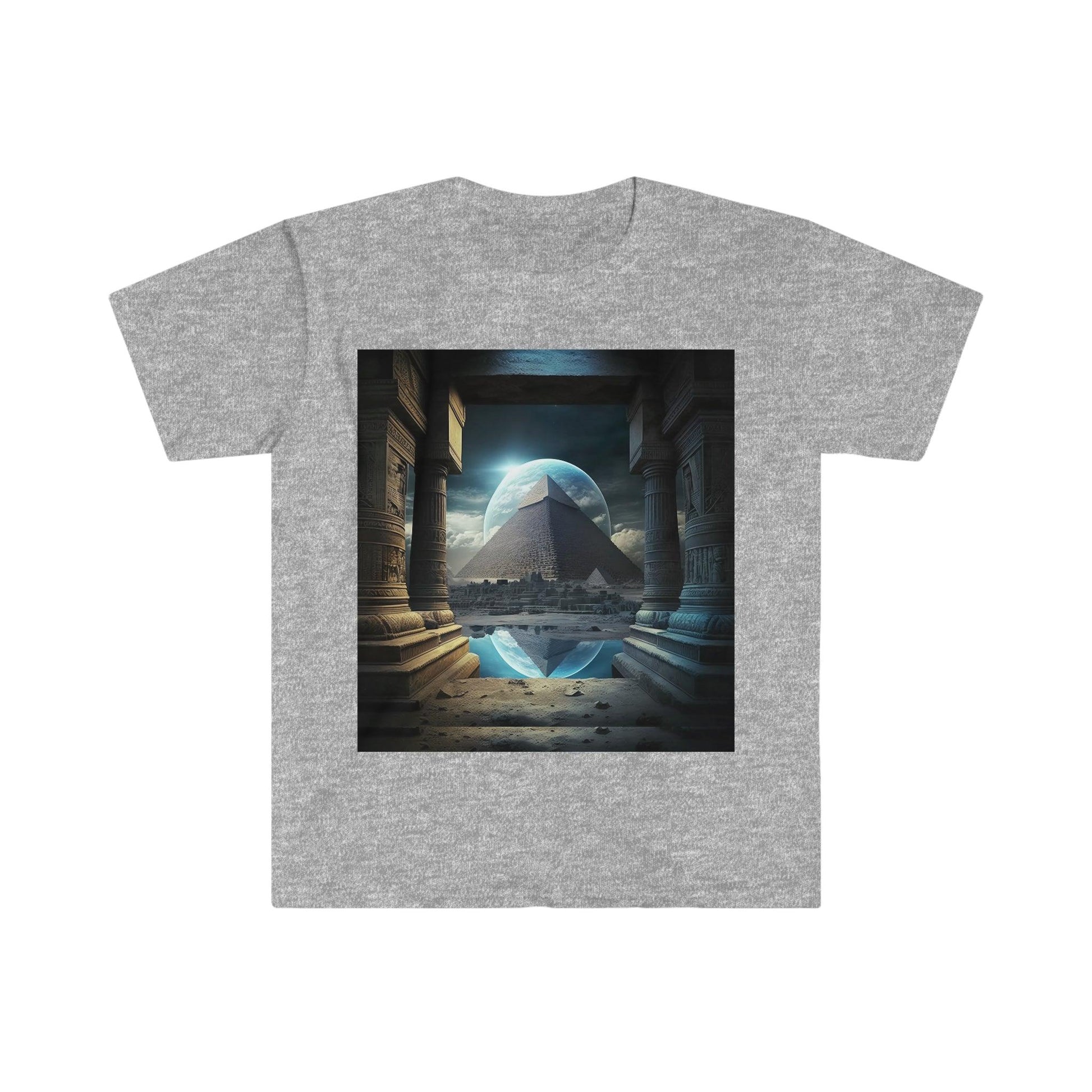 Mystic Eclipse: Egyptian Pyramid AI Art T-shirt -Men's and Women's Unisex Softstyle Shirt - Festival Urban Street Wear v2.0 - Alchemystics.org