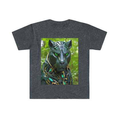 Obsidian Black Panther Visionary Cyberpunk T-Shirt - Fierce and Friendly Design with Piercing Green Eyes - AI Art T-Shirt - Men's and Women's Unisex Shirt - v1.0 - Alchemystics.org