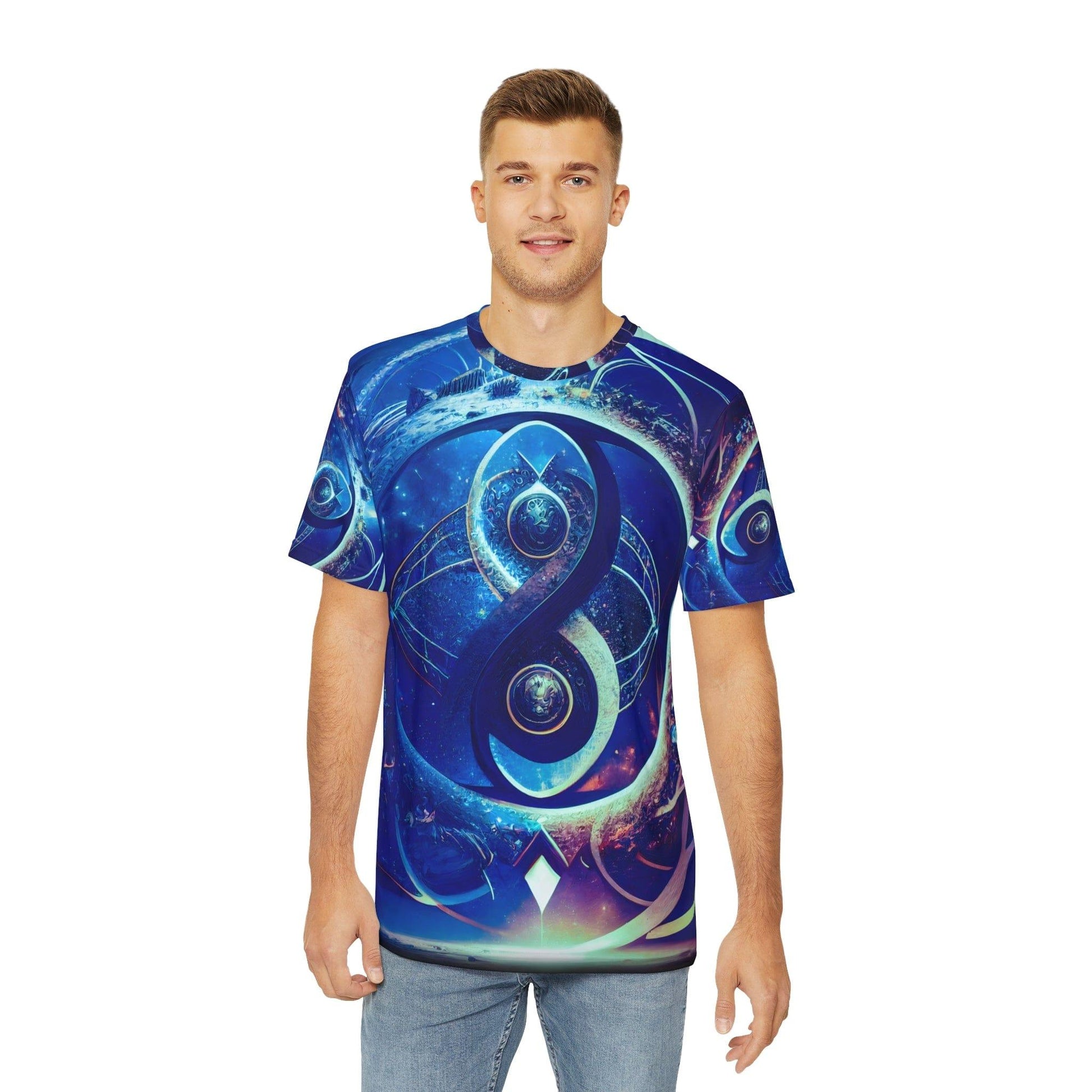 Sacred Geometry Infinity Blue "Perfect Balance" - All Over Print (AOP) / Sublimation Design - Digital AI Art T-Shirt for Street or Festival Wear - Alchemystics.org