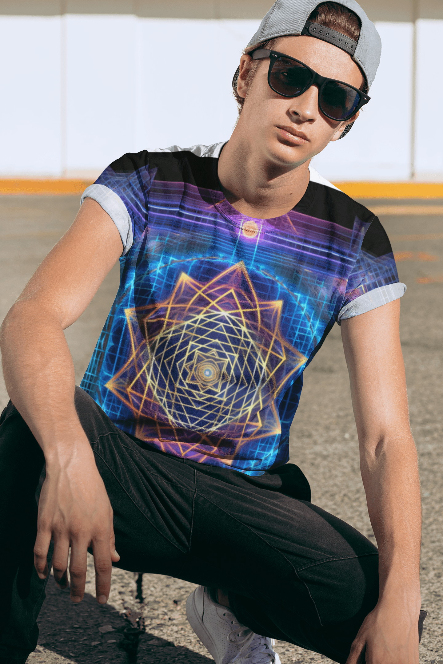 Sri Yantra 3D Sacred Geometry Octane Colorful Symmetrical Sublimation-Digital AI Art T-Shirt for Street or Festival Wear - Alchemystics.org