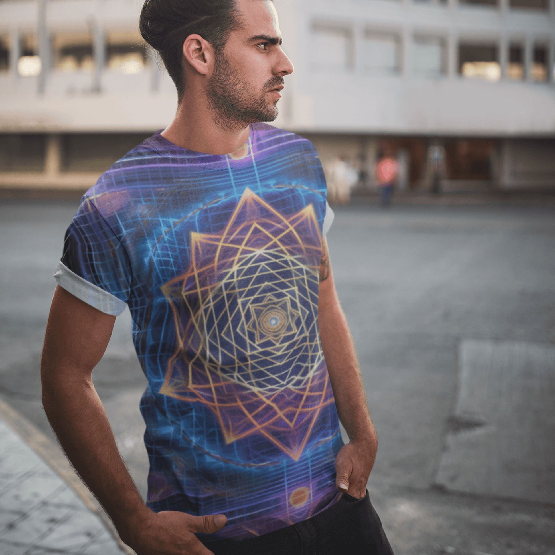 Sri Yantra 3D Sacred Geometry Octane Colorful Symmetrical Sublimation-Digital AI Art T-Shirt for Street or Festival Wear - Alchemystics.org