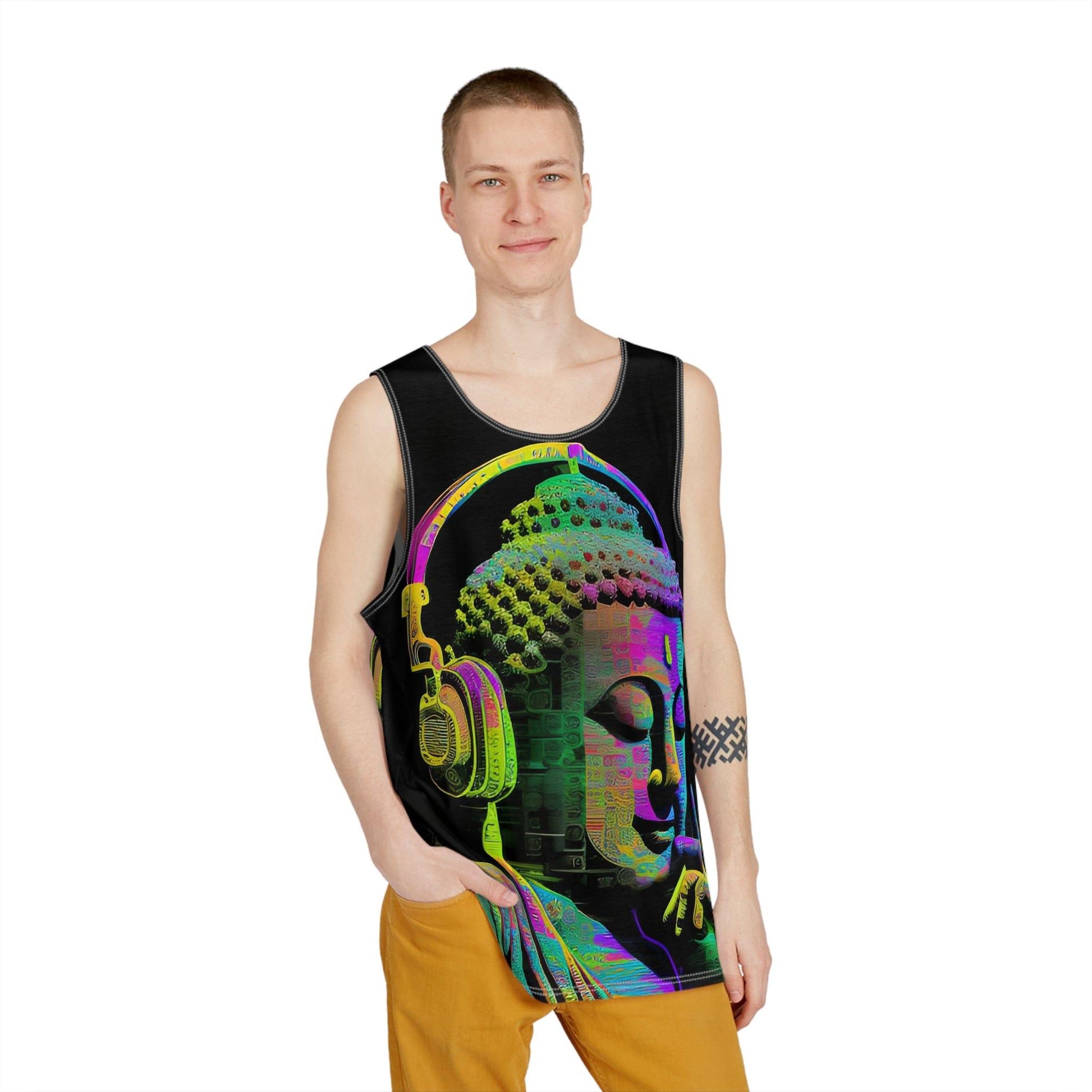 Subtle Smiling Buddha Wearing Headphones Sublimation Print All-Over Design Tank Top - Stylish Comfort for Gym and Streetwear - Alchemystics.org