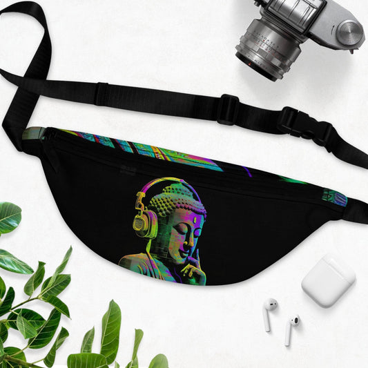 Subtle Smiling Buddha with Headphones Meta Zen Music Tribal Fusion Fanny Pack - Digital AI Art - Alchemystics.org