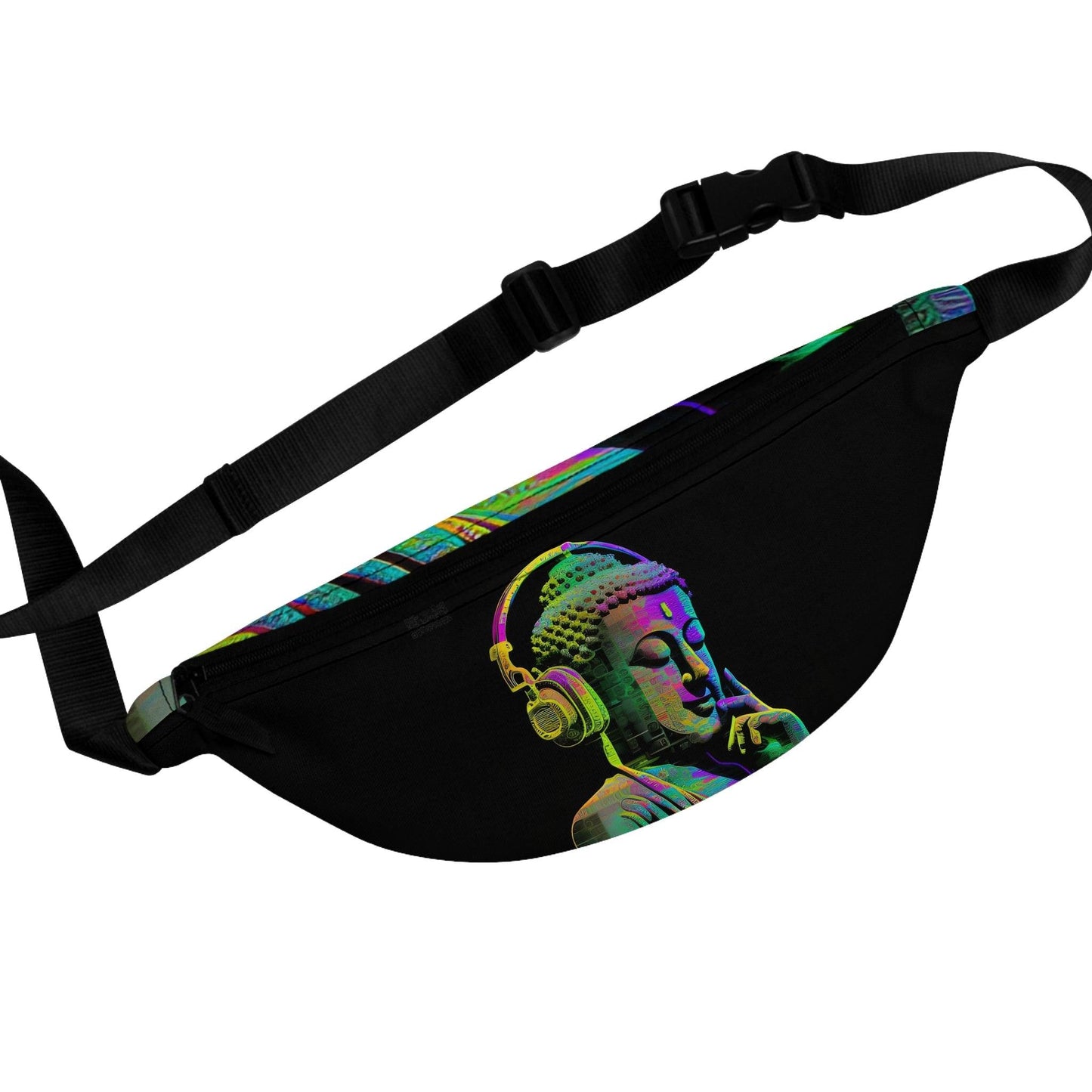 Subtle Smiling Buddha with Headphones Meta Zen Music Tribal Fusion Fanny Pack - Digital AI Art - Alchemystics.org