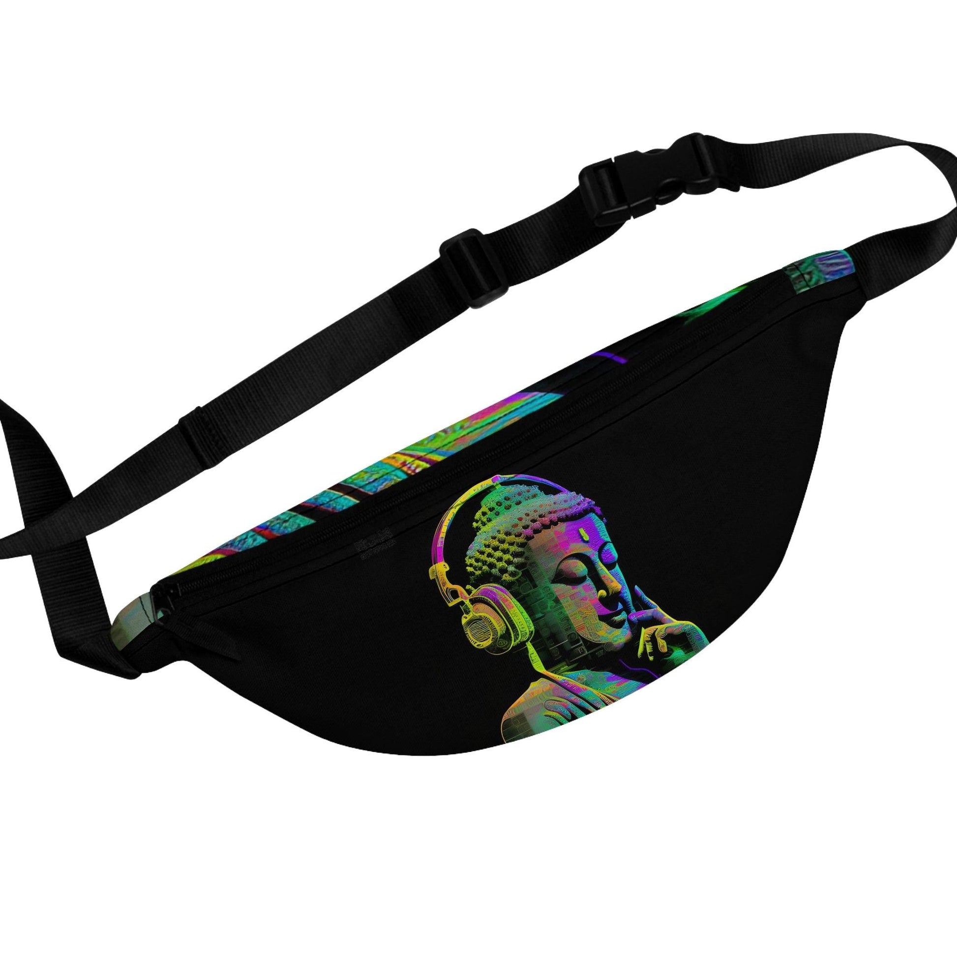 Subtle Smiling Buddha with Headphones Meta Zen Music Tribal Fusion Fanny Pack - Digital AI Art - Alchemystics.org