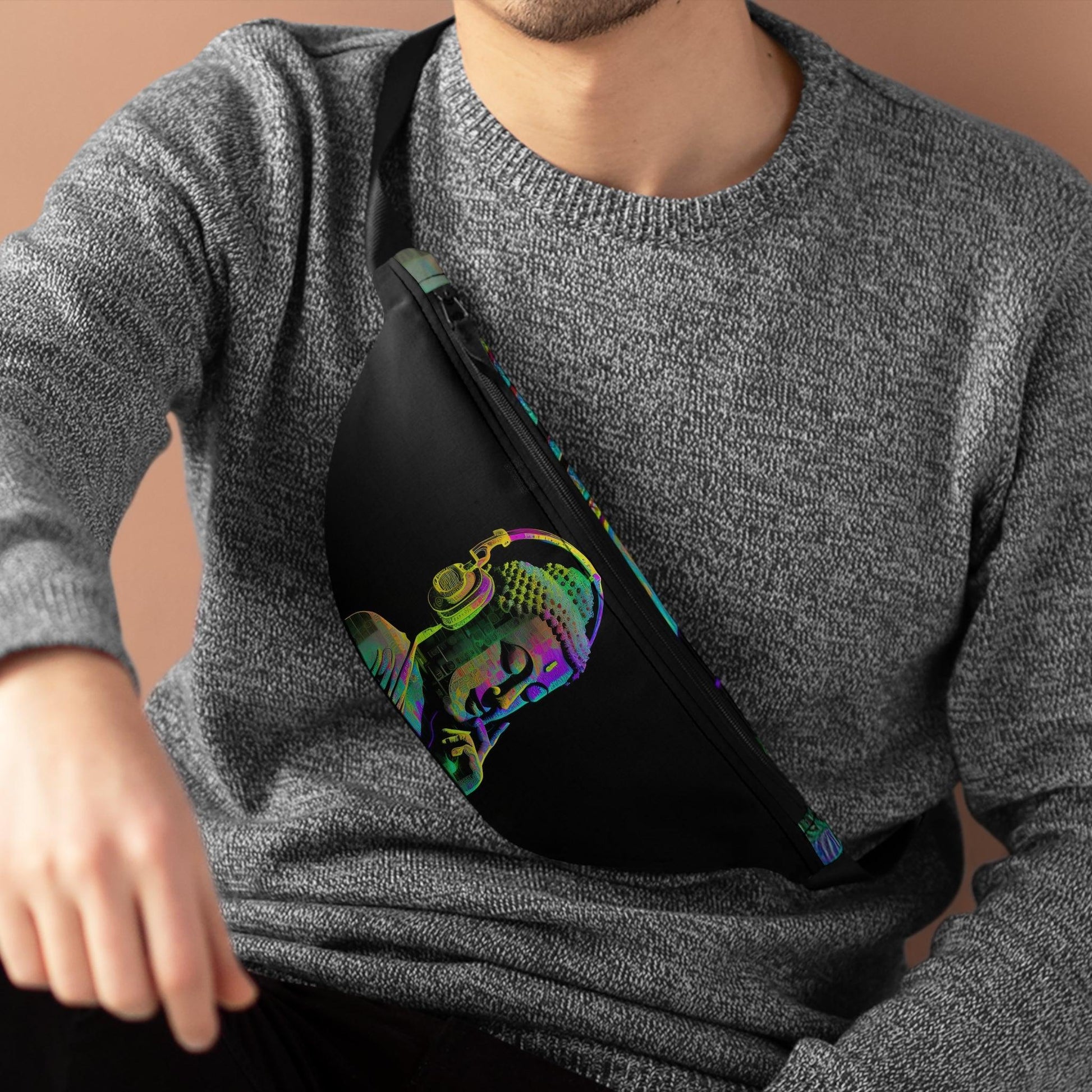 Subtle Smiling Buddha with Headphones Meta Zen Music Tribal Fusion Fanny Pack - Digital AI Art - Alchemystics.org