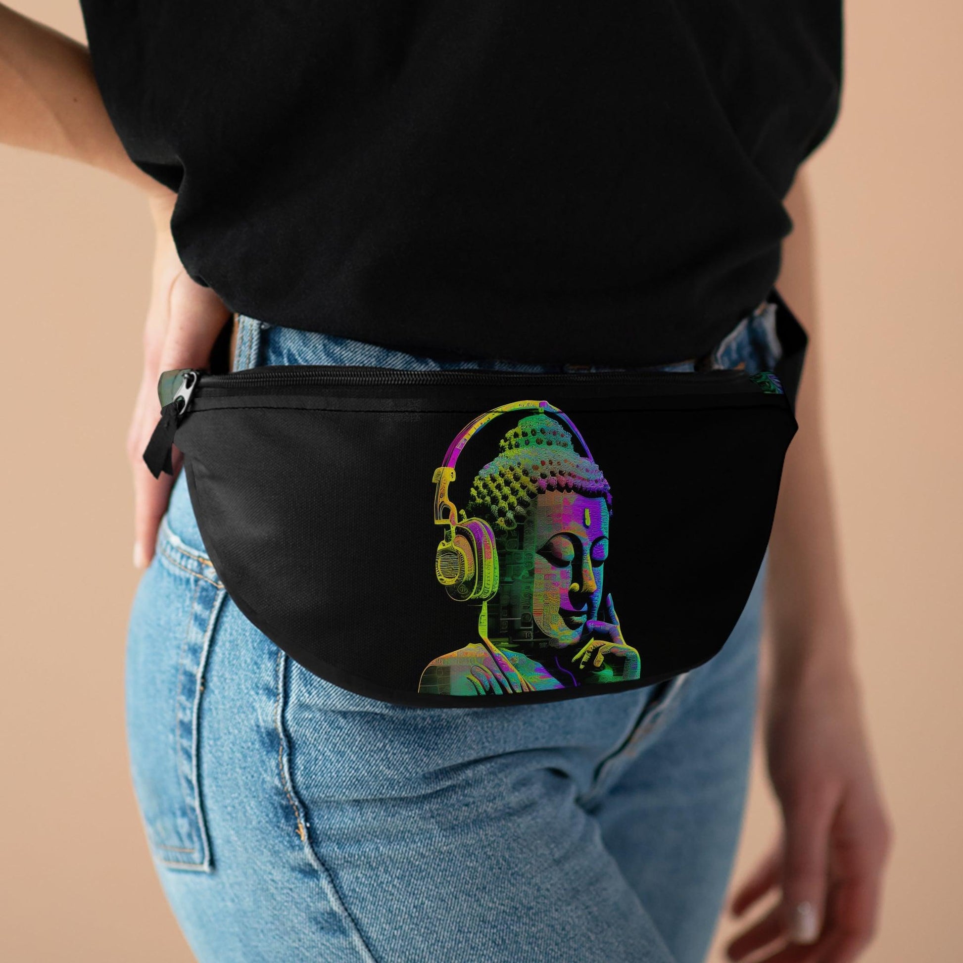 Subtle Smiling Buddha with Headphones Meta Zen Music Tribal Fusion Fanny Pack - Digital AI Art - Alchemystics.org
